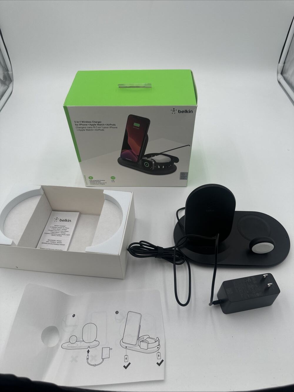 Belkin 3-in-1 Wireless Charger Fast Charging Stand for iPhone, Watch & AirPods